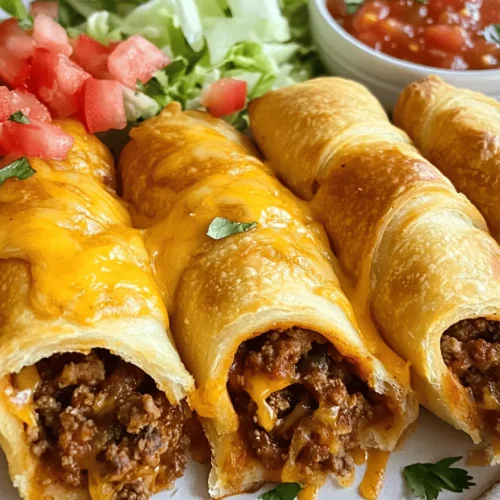 Cheesy Taco Sticks are a delightful fusion of classic taco flavors wrapped in flaky crescent dough, making them a perfect treat for gatherings, family dinners, or simply as satisfying snacks. This recipe uniquely combines the savory goodness of tacos with the convenience of handheld snacks, appealing to both kids and adults alike. Imagine the essence of a taco—seasoned meat, melted cheese, and zesty toppings—encased in a golden, crispy shell that’s easy to hold and eat.
