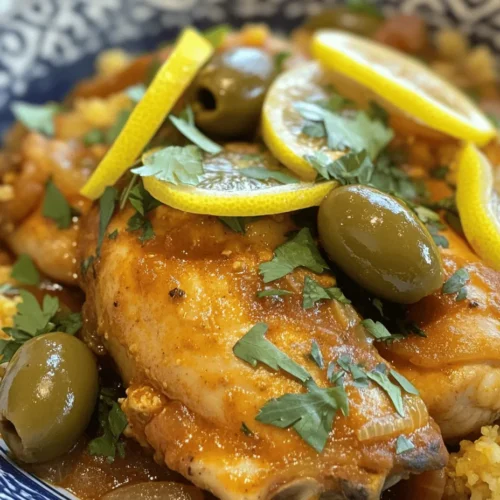 Explore the rich flavors of Moroccan cuisine with this Aromatic Chicken Tagine with Olives and Preserved Lemons. This dish beautifully combines tender chicken thighs with an array of spices, adding depth and warmth that is characteristic of traditional tagines. Perfect for family gatherings or a cozy dinner, this recipe not only satisfies the palate but also introduces a wonderful cultural experience. The combination of savory chicken, tangy preserved lemons, and briny olives creates a dish that is both complex and comforting, making it a standout choice for any culinary occasion.