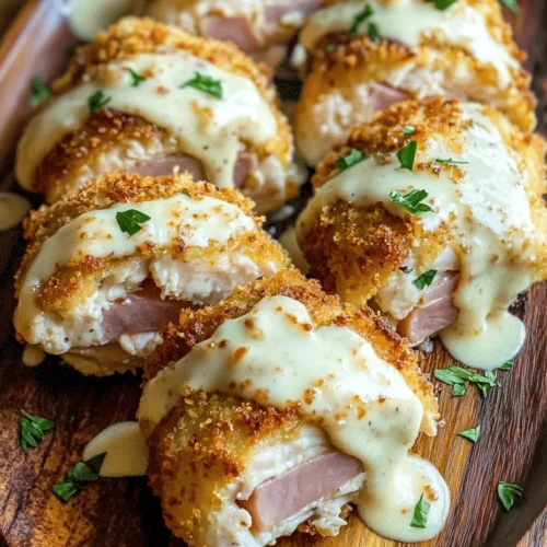 Chicken Cordon Bleu is a dish that brings a sense of elegance and comfort to the dinner table. This mouthwatering creation marries tender, juicy chicken with savory ham and melty Swiss cheese, all enveloped in a crispy, golden coating. While the traditional version is already a favorite among home cooks and food lovers alike, this recipe elevates the classic preparation by introducing a rich and creamy Swiss cheese sauce. This sauce not only enhances the flavors of the dish but also adds a luxurious touch that transforms a simple meal into a gourmet experience. Whether you're planning a dinner party or looking for a cozy family meal, Chicken Cordon Bleu with Creamy Swiss Cheese Sauce is sure to impress both your guests and your taste buds.