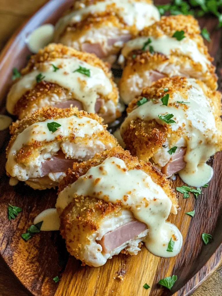 Chicken Cordon Bleu is a dish that brings a sense of elegance and comfort to the dinner table. This mouthwatering creation marries tender, juicy chicken with savory ham and melty Swiss cheese, all enveloped in a crispy, golden coating. While the traditional version is already a favorite among home cooks and food lovers alike, this recipe elevates the classic preparation by introducing a rich and creamy Swiss cheese sauce. This sauce not only enhances the flavors of the dish but also adds a luxurious touch that transforms a simple meal into a gourmet experience. Whether you're planning a dinner party or looking for a cozy family meal, Chicken Cordon Bleu with Creamy Swiss Cheese Sauce is sure to impress both your guests and your taste buds.