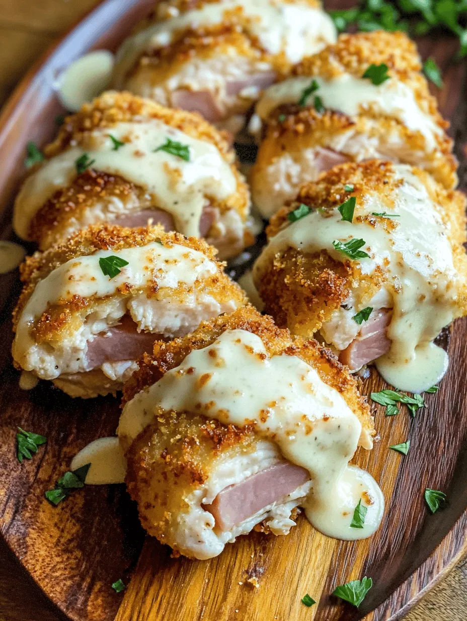 Chicken Cordon Bleu is a dish that brings a sense of elegance and comfort to the dinner table. This mouthwatering creation marries tender, juicy chicken with savory ham and melty Swiss cheese, all enveloped in a crispy, golden coating. While the traditional version is already a favorite among home cooks and food lovers alike, this recipe elevates the classic preparation by introducing a rich and creamy Swiss cheese sauce. This sauce not only enhances the flavors of the dish but also adds a luxurious touch that transforms a simple meal into a gourmet experience. Whether you're planning a dinner party or looking for a cozy family meal, Chicken Cordon Bleu with Creamy Swiss Cheese Sauce is sure to impress both your guests and your taste buds.