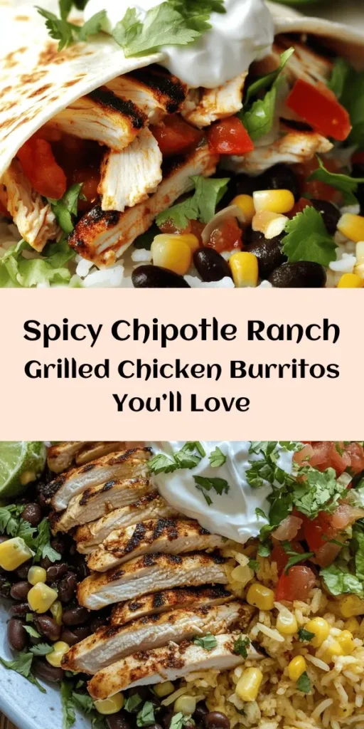 Get ready for a flavor explosion with these Spicy Chipotle Ranch Grilled Chicken Burritos! Perfect for meal prep or a quick dinner, these burritos feature marinated grilled chicken wrapped in soft tortillas with a delicious mix of rice, black beans, corn, and cheese. Top them off with fresh tomatoes, lettuce, and sour cream for the ultimate bite. Fast, easy, and utterly satisfying—this recipe is sure to become a weeknight favorite! Enjoy with lime wedges for that extra zing!