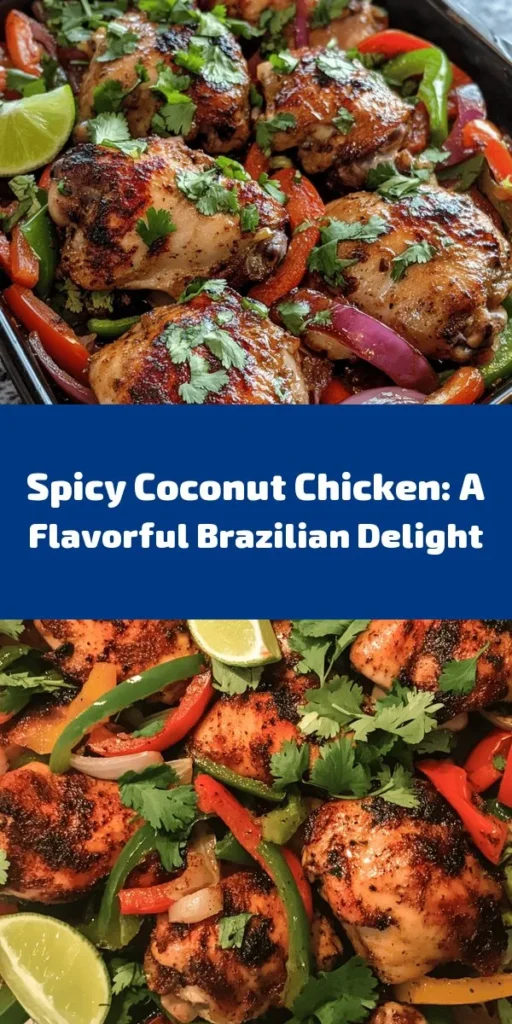 Discover the vibrant flavors of Brazil with this Spicy Brazilian Coconut Chicken recipe! Made with tender chicken thighs marinated in creamy coconut milk and zesty lime juice, this dish is infused with garlic, ginger, and a kick of red chili flakes. Bake it all with colorful bell peppers and onion for a complete meal that's as delicious as it is easy. Perfect for weeknight dinners or impressing guests! Garnish with fresh cilantro and lime for an extra burst of freshness. Enjoy a taste of Brazil tonight!