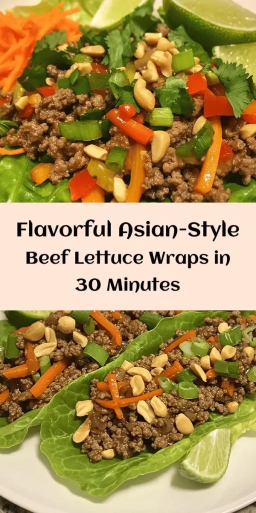 Try these delicious Asian-Style Ground Beef Lettuce Wraps for an easy and flavorful meal! Perfect for quick dinners or entertaining, these savory wraps are packed with ground beef, fresh veggies, and a tasty sauce. Simply cook the beef with garlic and ginger, mix in bell peppers and carrots, and serve in crisp lettuce leaves. Top with peanuts and cilantro for an extra crunch. Ready in just 30 minutes, they're sure to be a hit!