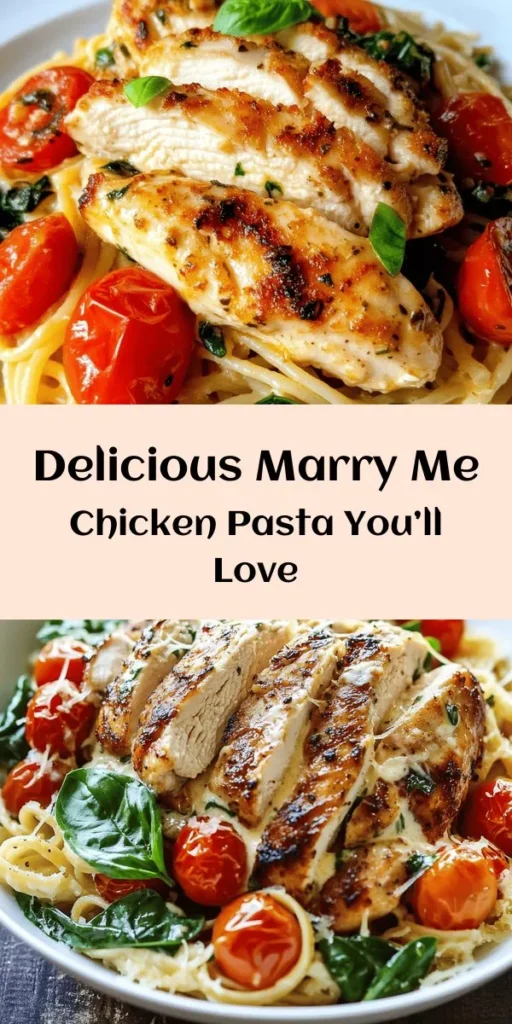 Indulge in the delicious Marry Me Chicken Pasta, a dish that’s sure to impress! This creamy pasta recipe combines tender chicken breasts, fresh spinach, and juicy cherry tomatoes in a rich sauce with Parmesan cheese. It’s quick to prepare with just 30 minutes total time, perfect for a romantic dinner or a family meal. Serve it garnished with basil for a touch of elegance. Get ready to fall in love with this delightful dish!