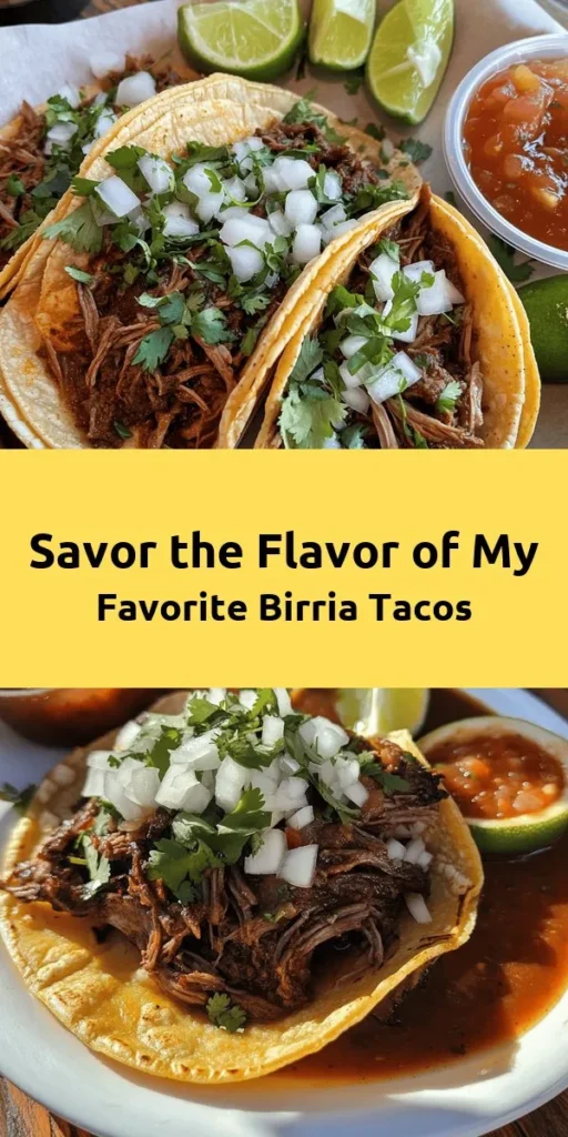 Savor the rich flavors of my favorite Birria Tacos! This mouthwatering recipe features tender beef chuck roast slow-cooked in a zesty chili sauce made with guajillo and ancho chilies, garlic, and spices. Wrap the juicy, shredded meat in warm corn tortillas and top with fresh cilantro and onion. Serve with lime wedges and your favorite salsa for the ultimate taco experience. Perfect for gatherings or a cozy night in! Enjoy a taste of Mexico today!