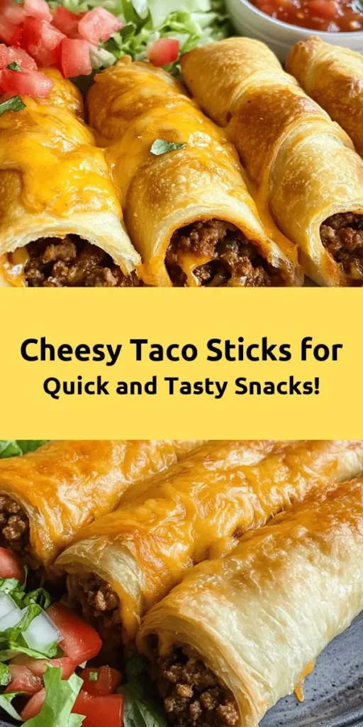 Get ready to indulge in these Cheesy Taco Sticks that are perfect for game day or a fun weeknight dinner! Made with seasoned ground beef or turkey, gooey cheese, and flaky crescent roll dough, these treats are easy to whip up in just 30 minutes. Simply fill and roll the dough, bake until golden, and serve with your favorite toppings like salsa, lettuce, and sour cream. These taco sticks will be a hit with the whole family!