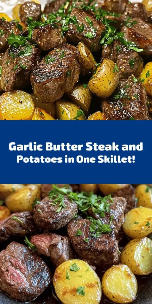 Indulge in the rich flavors of this Sizzling Garlic Butter Steak and Potatoes Skillet! 🍽️ Made with tender sirloin steak and crispy baby potatoes, this dish comes together in just 30 minutes. Sautéed in a luscious garlic butter sauce and seasoned with fresh rosemary, it’s the perfect weeknight meal. Simple to follow, this recipe guarantees a delicious and satisfying dinner that will impress your family and friends. Don’t forget to garnish with fresh parsley for a pop of color!