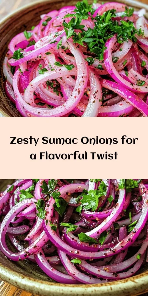 Elevate your meals with these Zesty Sumac Onions! This simple and flavorful recipe combines thinly sliced red onions with zingy sumac, olive oil, and fresh lemon juice for a deliciously tangy twist. Perfect as a topping for sandwiches, salads, or grilled meats, these marinated onions are sure to impress. Ready in just 40 minutes, they offer a refreshing crunch and vibrant flavor. Don’t forget to garnish with fresh parsley for that extra pop!