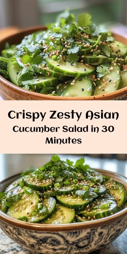Brighten up your meal with this Zesty Asian Cucumber Crunch Salad! This refreshing dish combines crisp English cucumbers with a savory dressing made from rice vinegar, soy sauce, sesame oil, ginger, and garlic. Toss in toasted sesame seeds, green onions, and fresh cilantro for added flavor and crunch. Perfect as a side dish or light lunch, this salad comes together in just 30 minutes. Enjoy a burst of flavors in every bite!
