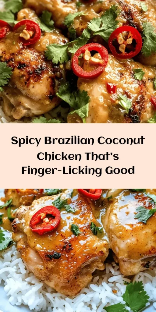 Discover the vibrant flavors of Brazil with this Spicy Brazilian Coconut Chicken recipe! Featuring tender chicken thighs marinated in creamy coconut milk and a kick from red chili peppers, this dish is both easy to make and irresistible. You’ll sauté onions and garlic, then simmer everything to perfection for a warm, flavorful meal. Serve it over rice or quinoa, topped with fresh cilantro. Perfect for a weeknight dinner that will impress your family and friends!