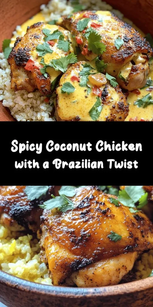 Experience the vibrant flavors of Brazil with this Spicy Brazilian Coconut Chicken! This dish brings together tender chicken thighs marinated in zesty lime and combined with aromatic garlic, ginger, and a kick of red chilies. Simmered in creamy coconut milk and seasoned with warm spices, it's a tropical delight that's perfect over rice or quinoa. Ready in just an hour, this recipe serves four and is sure to impress your taste buds! Garnish with fresh cilantro for the perfect finish. Enjoy a taste of Brazil in your kitchen!