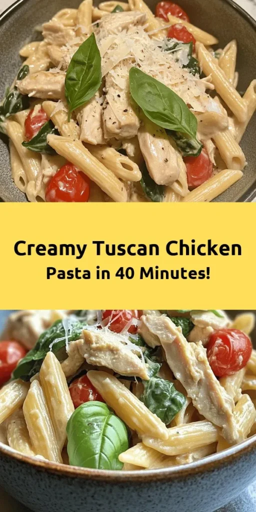 Indulge in this Easy Tuscan Chicken Pasta that's perfect for a cozy dinner! With tender chicken, fresh spinach, and juicy cherry tomatoes enveloped in a creamy Parmesan sauce, this dish is bursting with flavor. Ready in just 40 minutes, it combines the heartiness of penne pasta with delightful herbs for an irresistible meal. Whether you're cooking for family or enjoying a night in, this recipe is sure to impress. Don't forget to add fresh basil for that perfect finishing touch!
