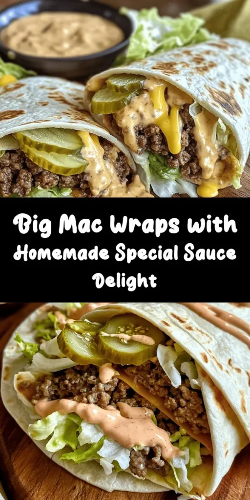 Try these delicious Homemade Big Mac Wraps with Special Sauce that bring your favorite fast food flavor right to your kitchen! Made with large flour tortillas filled with seasoned ground beef, fresh lettuce, diced onions, American cheese, and tangy pickles, these wraps are easy to assemble and packed with flavor. The special sauce adds a perfect touch, making them irresistible. Perfect for a quick lunch or dinner, these wraps are sure to be a hit!