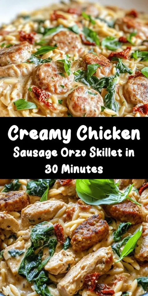 Indulge in this creamy Chicken Sausage Orzo Skillet for a comforting dinner that's quick and tasty! Made with tender chicken sausage, orzo pasta, and a rich blend of heavy cream, sun-dried tomatoes, and spinach, it's perfect for busy weeknights. In just 30 minutes, you’ll have a flavorful one-pan meal that serves four. Don’t forget to sprinkle on some Parmesan cheese and fresh basil for an extra touch. Enjoy a hearty dish everyone will love!