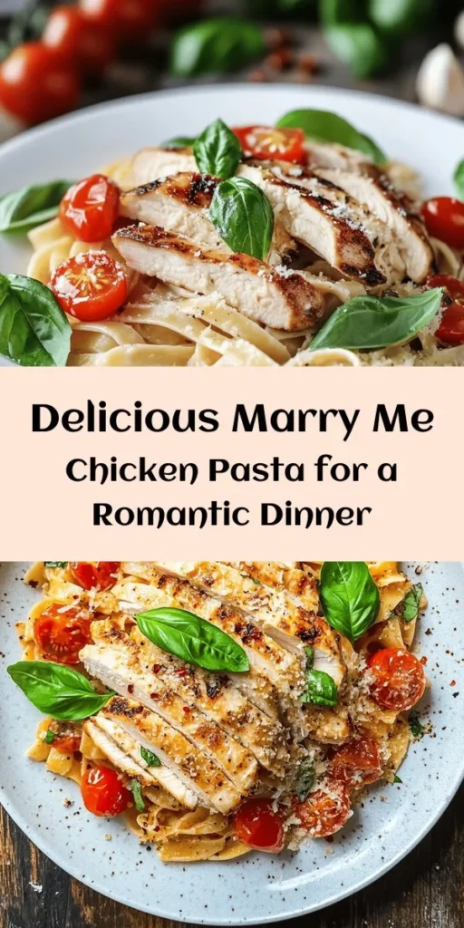 Indulge in a romantic dinner with this delicious Marry Me Chicken Pasta Recipe. Perfectly seared chicken breasts are paired with fettuccine in a creamy garlic and cherry tomato sauce, sprinkled with Parmesan and fresh basil. This dish not only pleases the palate but also makes for a stunning presentation! Quick to prepare in just 30 minutes, it's ideal for date nights or special occasions. Give this recipe a try and wow your loved ones!