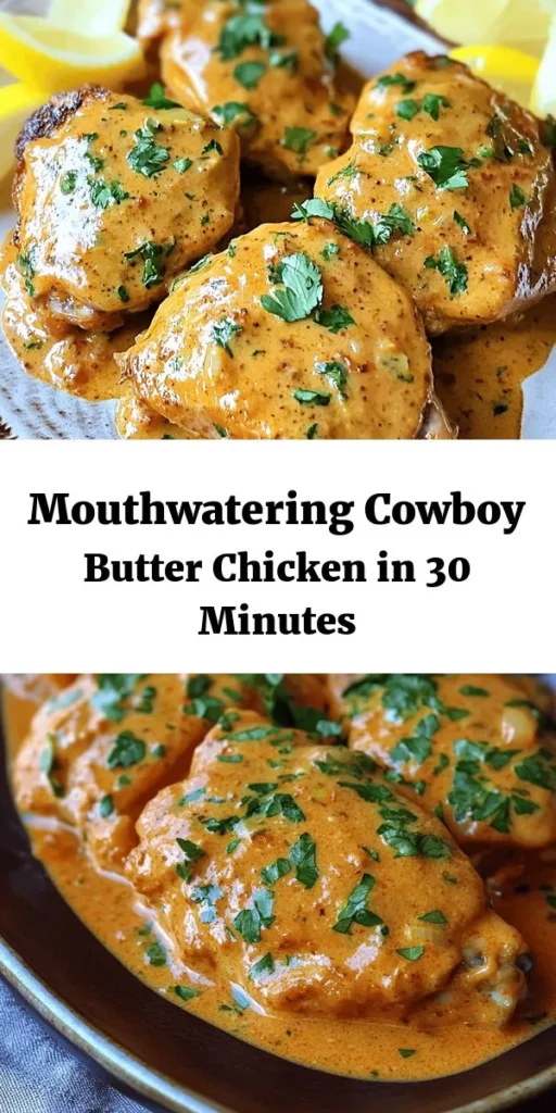 Discover the ultimate comfort food with this Easy Cowboy Butter Chicken recipe! Juicy, tender chicken thighs are seared to perfection and bathed in a rich, flavorful butter made with garlic, fresh herbs, and a kick of cayenne. Ready in just 30 minutes, this dish is perfect for busy weeknights or casual gatherings. Serve it up with lemon wedges and your favorite sides like rice or crusty bread for a deliciously satisfying meal. Try it tonight!