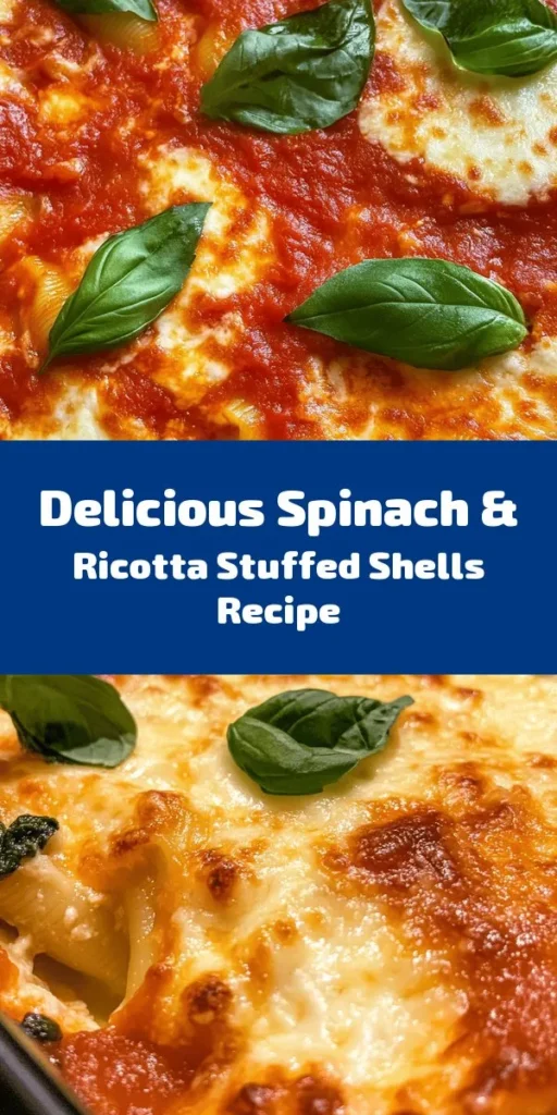 Indulge in the deliciousness of Easy Spinach & Ricotta Stuffed Shells! This mouthwatering recipe features large pasta shells filled with a creamy mixture of fresh spinach, ricotta, and cheeses, all topped with marinara sauce and baked to perfection. It’s simple to make and perfect for a cozy dinner. Packed with flavor and nutrition, this dish serves four and takes only 50 minutes from start to finish. Don't forget to garnish with fresh basil for a touch of freshness!