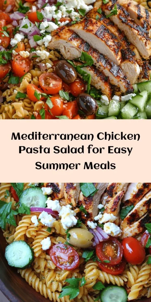 Enjoy a burst of Mediterranean flavors with this delicious Chicken Pasta Salad! Perfect for meal prep or a refreshing side dish, this salad combines tender rotini or penne pasta with juicy chicken, colorful veggies, Kalamata olives, and creamy feta cheese. Tossed in a zesty olive oil and red wine vinegar dressing, it’s a quick and healthy option that can be made ahead of time. Chill for 30 minutes and serve for a delightful meal that everyone will love!