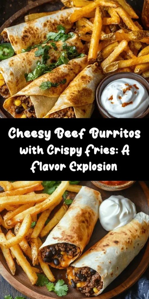 Looking for a delicious dinner idea? Try these Cheesy Beef Burritos paired with Crispy Fries! Made with seasoned ground beef, black beans, corn, and plenty of melty cheddar, these burritos are bursting with flavor. The homemade crispy fries are the perfect side dish! Easy to prepare and great for sharing, this recipe is perfect for a cozy family meal or a fun taco night. Serve with sour cream and salsa for dipping!