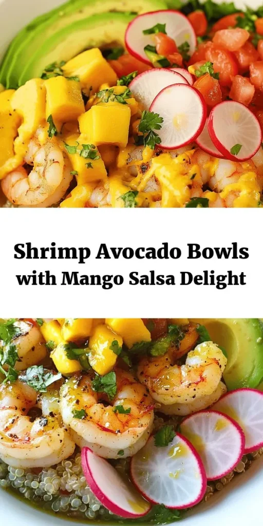 Treat yourself to a colorful and delicious meal with these Shrimp and Avocado Bowls topped with Mango Salsa and a zesty Lime-Chili Sauce. This dish is not only vibrant but also packed with flavor and nutrition. Marinated shrimp cooked to perfection sit atop a bed of quinoa or brown rice, accompanied by creamy avocado, fresh tomatoes, and crunchy radishes. A refreshing mango salsa and tangy lime-chili sauce take it over the top! Perfect for any occasion!