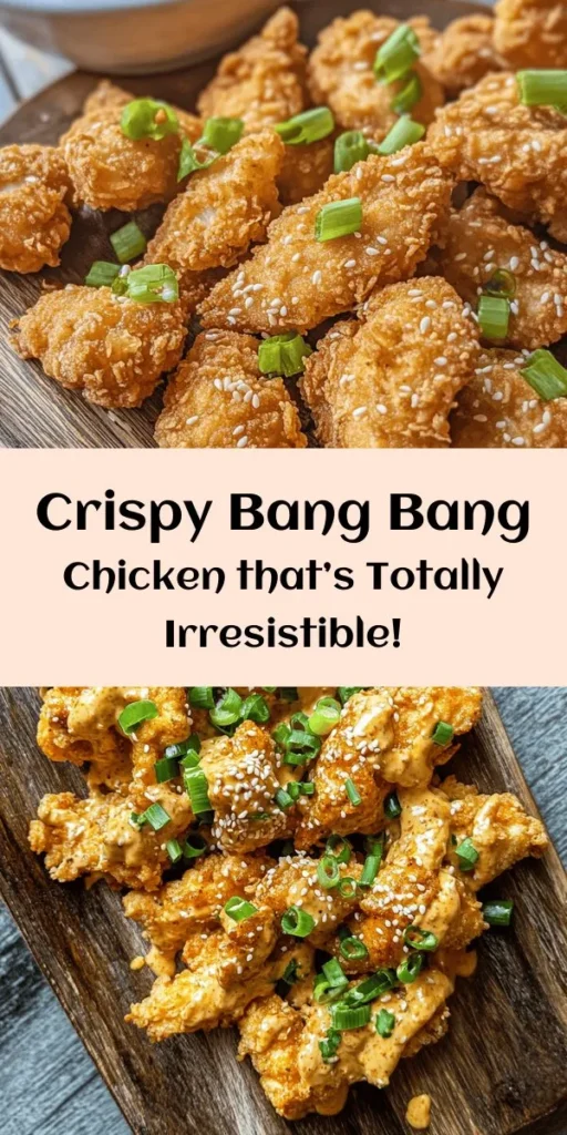 Craving something crispy and delicious? Try this Crispy Bang Bang Chicken recipe! Tender chicken pieces marinated in buttermilk are coated in a flavorful mix of flour and spices, then fried to perfection. Toss them in a creamy, tangy Bang Bang sauce for an explosion of flavor. Perfect as an appetizer or a main dish, this crowd-pleaser is sure to impress. Serve with garnishes of green onions and sesame seeds for that extra flair! Enjoy!