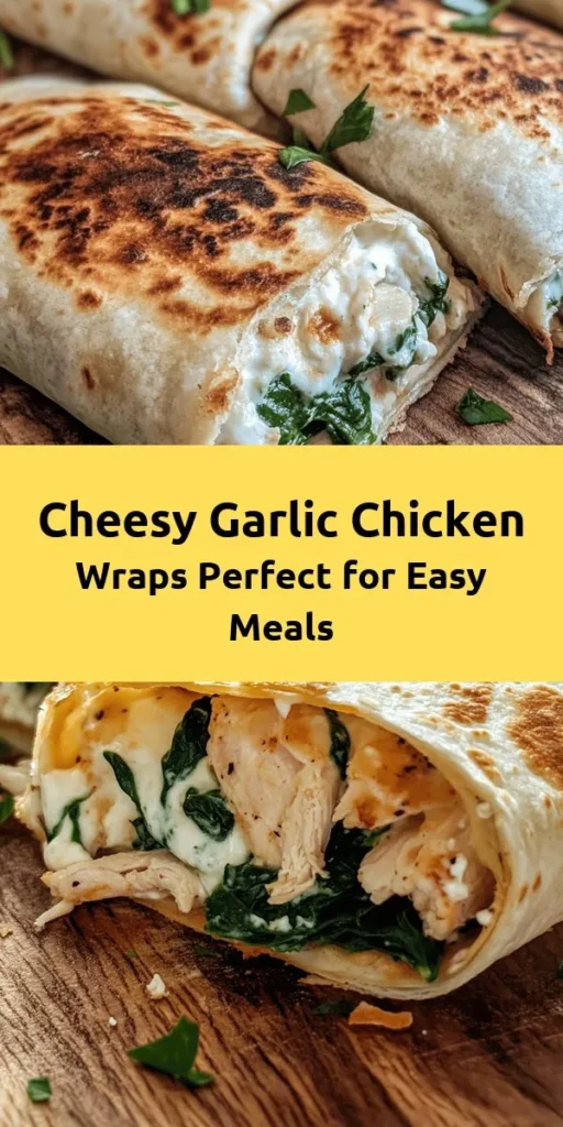 Get ready to indulge in these Cheesy Garlic Chicken Wraps! Packed with shredded chicken, mozzarella, and creamy goodness, these wraps are a perfect blend of flavor and texture. With fresh spinach and a hint of garlic, they're quick to prepare and cook in just 30 minutes! Perfect for a lunch or dinner, these wraps are golden brown and crispy, making them a delicious handheld treat. Garnish with parsley for a fresh touch. Enjoy this tasty recipe today!