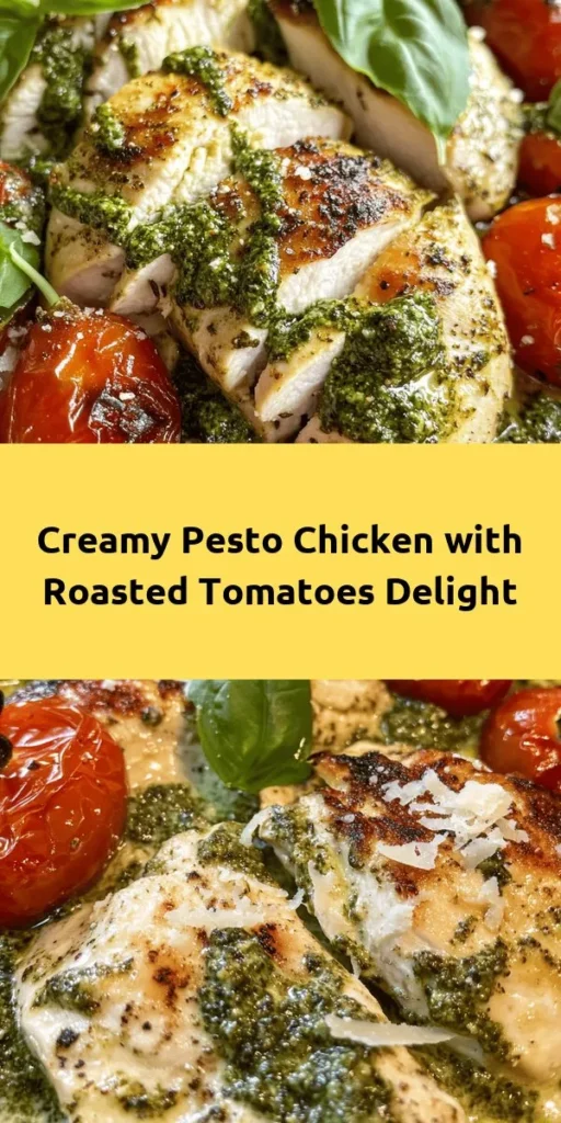 Indulge in the rich flavors of this Creamy Pesto Chicken with Roasted Tomatoes! Juicy chicken breasts are seared to perfection and tossed in a luscious basil pesto cream sauce, complemented by sweet roasted cherry tomatoes. This easy recipe is perfect for a cozy dinner and can be served over your favorite pasta for a filling meal. Garnish with fresh basil and Parmesan for that final touch of deliciousness. Quick to make and incredibly satisfying!