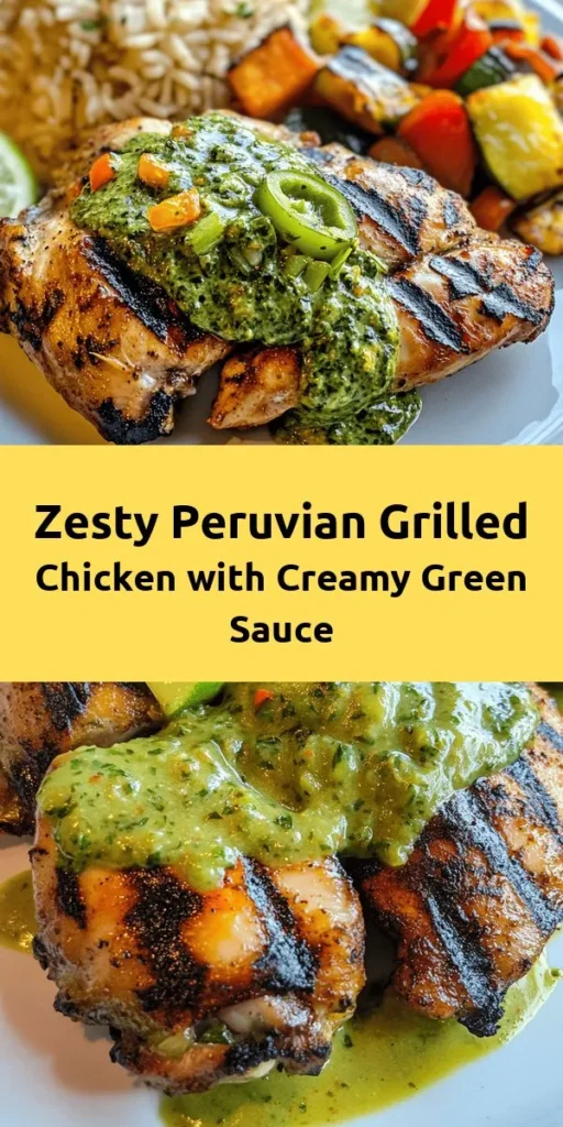 Discover the vibrant flavors of Peru with this delicious Grilled Chicken with Creamy Green Sauce recipe! Juicy chicken thighs marinated in garlic, lime, and spices are grilled to perfection and topped with a smooth, tangy cilantro jalapeño sauce. Perfect for a weekend barbecue or a weeknight dinner, this dish comes together in just over an hour and serves four. Pair with rice, veggies, or a fresh salad for a complete meal that will impress your family and friends. Enjoy the taste of Peru!