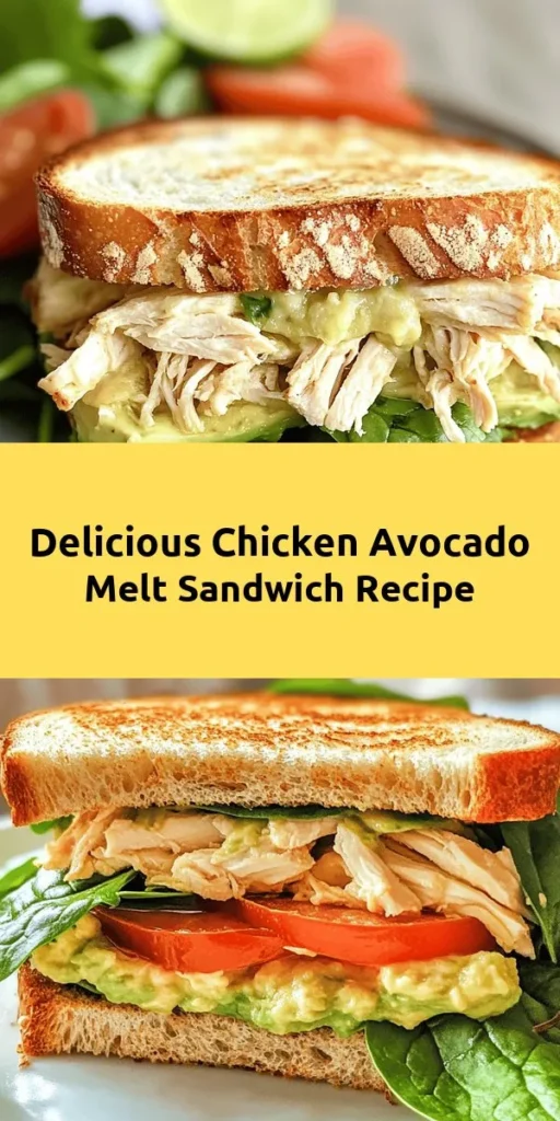 Looking for a quick and delicious meal? Try these Chicken Avocado Melt Sandwiches! Packed with shredded chicken, creamy avocado, and gooey mozzarella, they come together in just 20 minutes. Start by mixing your ingredients with a hint of lime and garlic before grilling to perfection. Optional fresh spinach and tomato add extra flavor. Perfect for lunch or a light dinner, this sandwich is both satisfying and healthy. Enjoy!