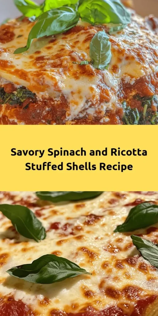 Looking for a delicious and simple dinner idea? Try these Easy Spinach and Ricotta Stuffed Shells! With jumbo pasta shells filled with a creamy ricotta and spinach mixture, topped with marinara and gooey mozzarella, this dish is sure to impress. Perfect for a cozy family meal or to share with friends, it's quick to prepare and packed with flavor. Bake until bubbly and golden, then garnish with fresh basil for a beautiful touch. Enjoy a slice of comfort food tonight!
