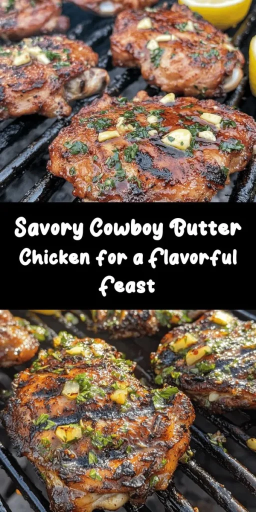 Looking for a flavorful dish that's sure to impress? Try this Cowboy Butter Chicken! Juicy chicken thighs marinated in a zesty cowboy butter blend of garlic, Worcestershire sauce, Dijon mustard, and fresh herbs create a mouthwatering experience. Grill them to perfection for a delicious meal that's both simple and satisfying. Serve with lemon wedges for an extra burst of flavor. Perfect for family dinners or gatherings! #Recipe #ChickenDinner #CookingIdeas