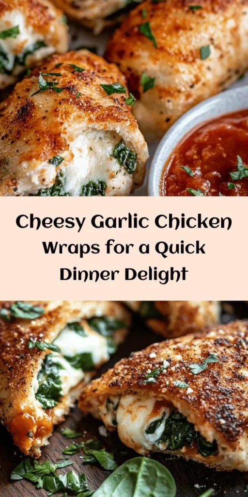 Savor the deliciousness of these Cheesy Garlic Chicken Wraps! Packed with shredded chicken, creamy cheeses, and a hint of garlic, these wraps are perfect for a quick lunch or dinner. Filled with fresh spinach and optional tomatoes, they’re not only tasty but also nutritious. Grilled to golden perfection, serve them warm with marinara or ranch dip for an extra burst of flavor. Whip up this easy recipe in just 25 minutes!