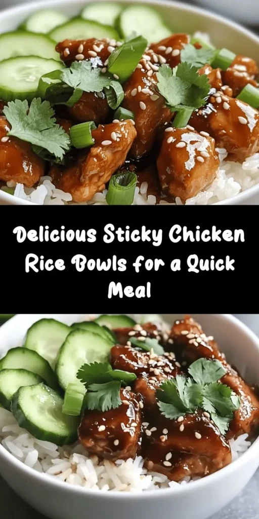 Delight in these flavorful Sticky Chicken Rice Bowls! Perfect for any meal, this recipe combines tender, marinated chicken thighs with a rich sticky sauce and fluffy jasmine rice. Top it off with fresh cucumbers, green onions, and roasted sesame seeds for a satisfying crunch. Quick to prepare, it's a family-friendly dish that offers a delicious balance of sweet and savory. Enjoy a bowl of pure comfort food that brings joy to any day!