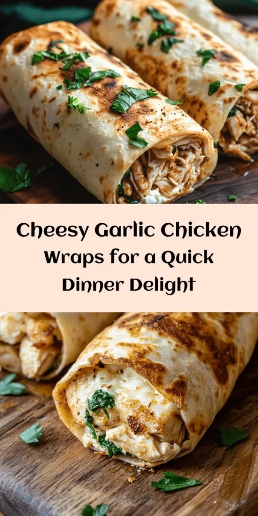 Indulge in these Cheesy Garlic Chicken Wraps, a perfect blend of flavors that's sure to delight! Shredded chicken combines with creamy mozzarella and cream cheese, enhanced by garlic and Italian seasoning. Wrapped in soft flour tortillas and pan-fried until crispy, they make a fantastic lunch or dinner option. Optional fresh spinach adds a nutritious touch. Ready in just 30 minutes, these wraps are a quick and satisfying treat for your family!