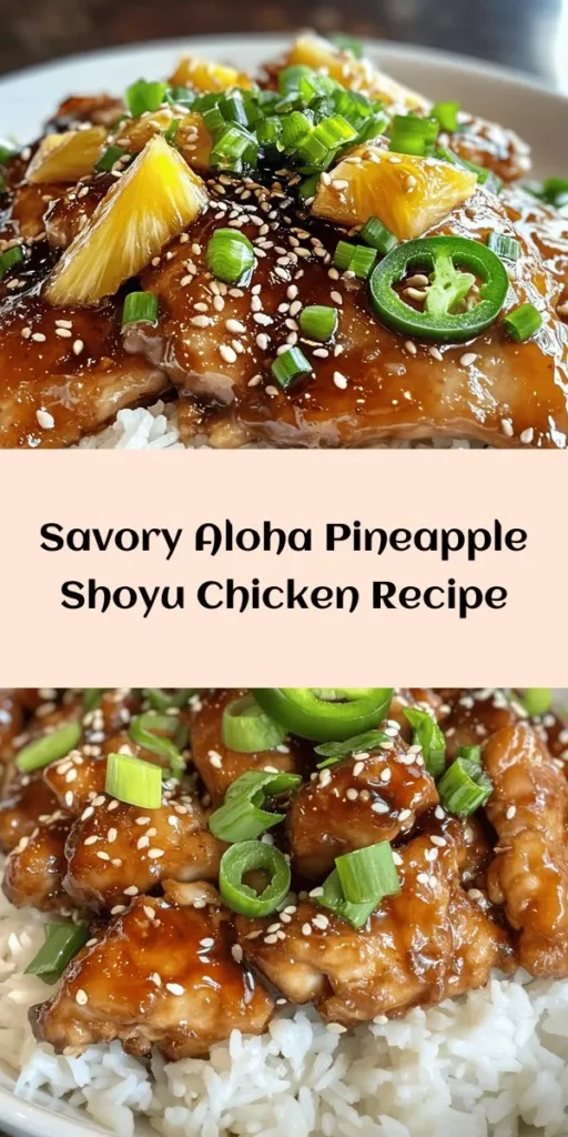 Bring a taste of the tropics to your table with Aloha Pineapple Shoyu Chicken! This flavorful dish features succulent chicken thighs marinated in a delicious mix of soy sauce, brown sugar, and pineapple juice, creating a sweet and savory sauce that's sure to impress. With a bit of garlic, ginger, and optional jalapeño for a kick, this recipe is perfect for family dinners or gatherings. Serve it over fluffy white rice for the ultimate meal. Enjoy a burst of Hawaiian flavor today!