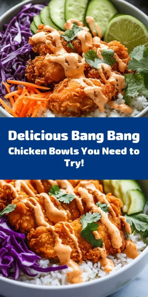 Try these flavorful Bang Bang Chicken Bowls for a deliciously satisfying meal! Perfectly marinated and fried chicken thighs are served over a bed of jasmine rice or quinoa, topped with crunchy veggies like carrots, cucumber, and red cabbage. Drizzle on a creamy, spicy Bang Bang sauce for an extra kick. Garnish with avocado and fresh cilantro for a pop of freshness. Easy to make and packed with flavor, this dish is sure to please your taste buds!