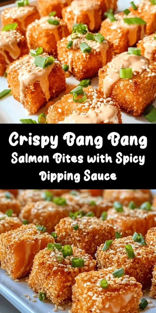 Looking for a delicious and fun appetizer? Try these crispy Bang Bang Salmon Bites! Made with fresh salmon, coated in a flavorful panko breadcrumb mixture, and fried to perfection, they are sure to impress. Paired with a tangy and spicy Bang Bang sauce, these bites are perfect for any gathering. Easy to make and packed with flavor, your guests won't be able to resist! Serve with extra sauce for dipping and enjoy a mouthwatering treat.