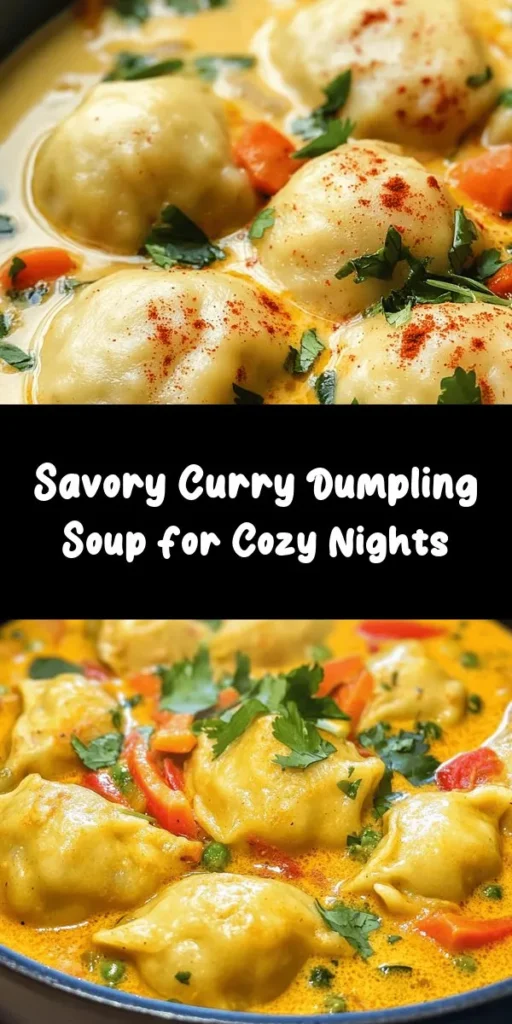 Warm up with this delicious Best Curry Dumpling Soup! Perfect for any occasion, this recipe features homemade dumplings filled with vibrant vegetables and optional tofu or chicken, all simmered in a rich coconut curry broth. It's a comforting dish that boasts incredible flavors and is easy to prepare. Perfect for cozy nights in, serve with fresh cilantro on top for a delightful finish. Enjoy a bowl of this hearty goodness today!