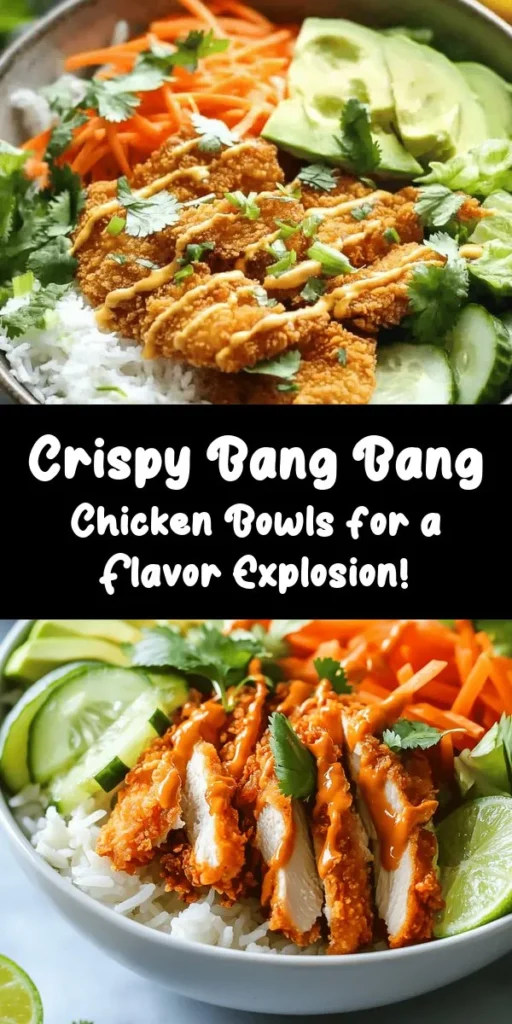 Elevate your mealtime with these delicious Bang Bang Chicken Bowls! Juicy chicken breasts marinated in buttermilk are breaded and fried to crispy perfection, then drizzled with a creamy and spicy Bang Bang sauce. Served over a bed of fluffy jasmine rice and fresh veggies like lettuce, cucumber, and avocado, this dish is a flavor-packed delight. Perfect for any dinner, these bowls are easy to prepare and sure to impress. Enjoy with a squeeze of lime!