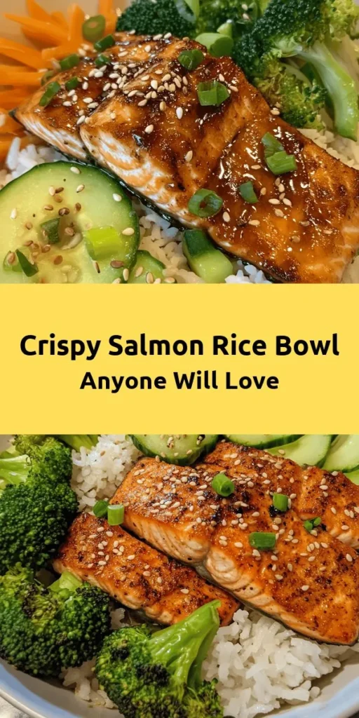 Create a delicious and healthy dining experience with this crispy salmon and rice bowl recipe! Perfectly seasoned salmon fillets are paired with fluffy jasmine rice and a colorful array of steamed broccoli, fresh cucumber, crunchy carrots, and creamy avocado. This dish is drizzled with a tasty Asian sesame dressing and garnished with green onions and sesame seeds for an added crunch. Quick to prepare and full of flavor, it's a perfect meal for any day!