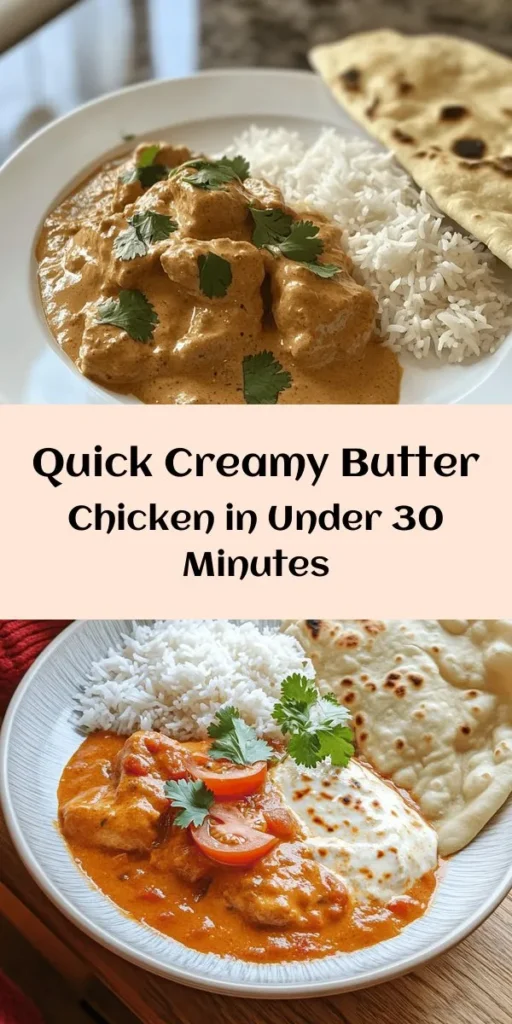Indulge in the rich flavors of homemade butter chicken with this quick and easy recipe! Perfect for weeknight dinners, this dish features tender chicken thighs simmered in a creamy, spiced tomato sauce. With simple ingredients like butter, garlic, ginger, and aromatic spices, you can whip up a delicious meal in under 35 minutes. Serve it over fluffy basmati rice or with naan for the ultimate comfort food experience. Garnish with fresh cilantro for an extra touch!