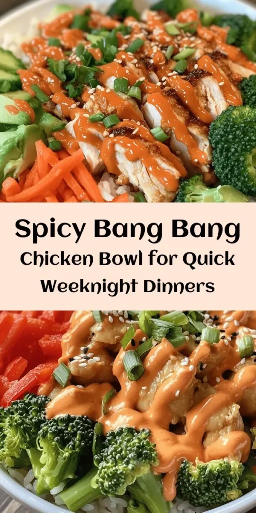 Enjoy a burst of flavor with this Bang Bang Chicken Bowl! This recipe combines tender marinated chicken, vibrant sautéed vegetables, and fluffy jasmine rice, all topped with a spicy and creamy sauce. Perfect for a quick dinner or meal prep, it takes just 40 minutes to make and serves four. Don't forget the garnishes of green onions, cilantro, and sesame seeds for that extra pop! Dive into this delicious, satisfying dish and spice up your weeknight meals.