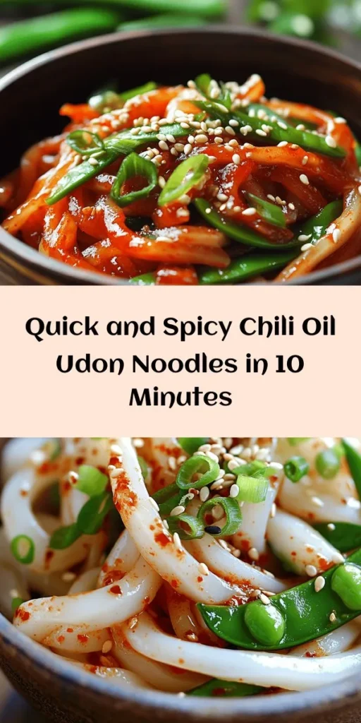 Indulge in a quick and delicious meal with these 10-Minute Chili Oil Udon Noodles! Perfect for busy weeknights, this vibrant dish features fresh udon noodles coated in a spicy sauce of chili oil, soy sauce, and sesame oil. Toss in some sautéed snap peas or edamame for added crunch, and finish with chopped green onions and sesame seeds for extra flavor. Ready in just ten minutes, it’s an easy yet satisfying recipe that’s sure to impress!