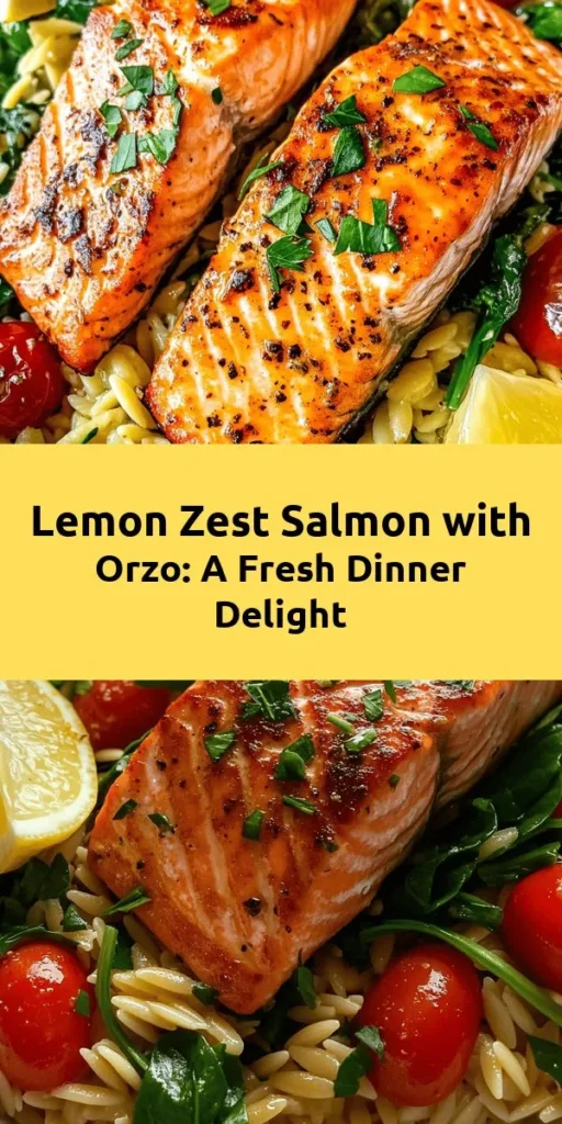 Dive into a delicious and healthy dinner with this Lemon Zest Skillet Salmon with Orzo Delight! This quick recipe features tender salmon fillets cooked to perfection with fragrant garlic, fresh cherry tomatoes, and vibrant spinach. Paired with creamy orzo pasta, this one-pan meal is ready in just 30 minutes. Full of zesty flavors and color, it’s perfect for a weeknight dinner. Garnish with fresh parsley and enjoy a burst of citrus goodness!