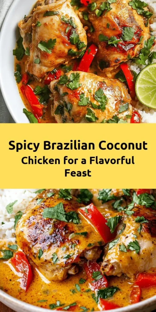 Get ready to spice up your dinner with this Spicy Brazilian Coconut Chicken! This flavorful dish features tender chicken thighs marinated in coconut milk and zesty spices, sautéed with vibrant bell peppers and chilies. Easy to make, it’s perfect for a cozy weeknight meal or impressing guests. Serve it over fluffy rice or with warm bread to soak up the delicious sauce. Enjoy a taste of Brazil right at home with this delightful recipe!