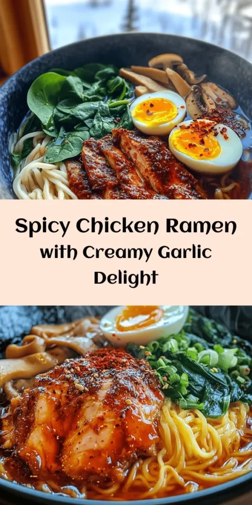 Spice up your dinner with this delicious Fiery Chicken Ramen! Tender marinated chicken thighs are cooked to perfection and served over a bed of savory ramen noodles in a flavorful broth. Enhanced with shiitake mushrooms, fresh spinach, and a creamy garlic sauce, this recipe is as satisfying as it is simple. Top it off with green onions and red pepper flakes for an extra kick. Perfect for a cozy night in, this dish will warm you up with every bite!