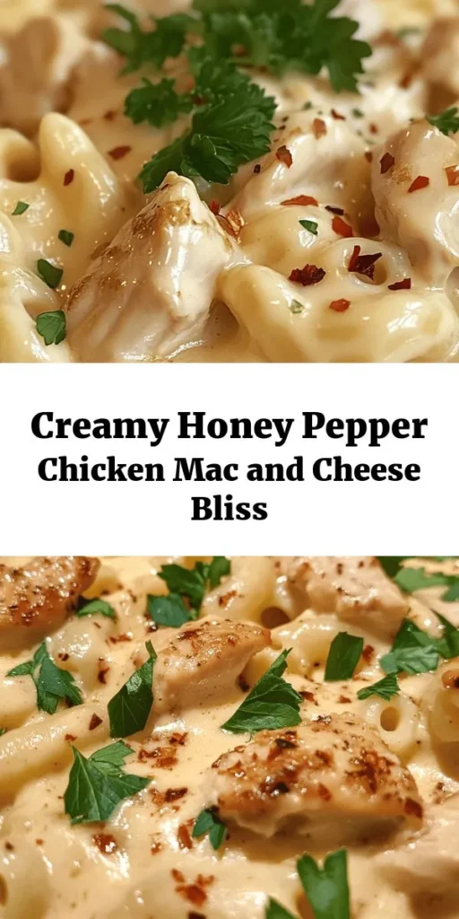 Indulge in this Creamy Honey Pepper Chicken Mac and Cheese Delight! This comforting dish combines tender chicken, creamy cheese sauce, and a hint of sweetness from honey, all tossed with perfectly cooked elbow macaroni. Ready in just 30 minutes, it's a quick and delicious meal for busy nights. Top it off with fresh parsley for a burst of color. Perfect for the whole family, this recipe is sure to become a weeknight favorite!