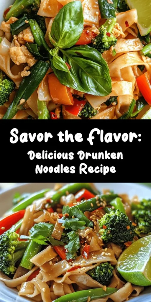 Indulge in the vibrant flavors of Drunken Noodles Delight, a quick and easy dish that brings Thai cuisine to your table! This recipe features wide rice noodles stir-fried with crisp vegetables, aromatic garlic, and a splash of savory sauces. The addition of scrambled eggs and fresh Thai basil adds richness and freshness to each bite. Perfect for a weeknight dinner, serve it hot with zesty lime wedges for a delicious twist. Enjoy this tasty, comforting meal in just 30 minutes!
