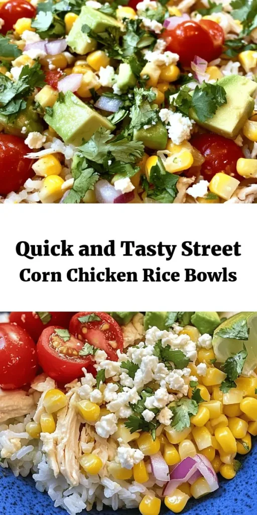Whip up this Easy Street Corn Chicken Rice Bowl in just 10 minutes for a delicious and colorful meal! Packed with cooked white rice, tender rotisserie chicken, sweet corn, and fresh veggies like avocado and cherry tomatoes, it’s perfect for busy weeknights. Add a sprinkle of feta or cotija cheese for an extra flavor burst. This bowl is not only satisfying but also customizable to your taste. Enjoy a fresh and vibrant dish that everyone will love!